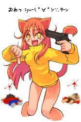 Rule 34 | 1girl, 2channel, animal ears, ascii art, blood, cat ears, cat tail, censored, censored violence, fake censor, fox ears, gun, gun to head, handgun, holding, holding gun, holding weapon, long hair, no pants, pistol, red hair, solo, suicide, super zombie, taan, tail, thumbs down, translated, turtleneck, weapon, yellow eyes