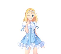 Rule 34 | 1girl, blonde hair, blue eyes, breasts, clenched teeth, dress, game cg, hairband, happy, legs, looking at viewer, nana g, one eye closed, onee-chan saimin before after, short hair, simple background, small breasts, smile, solo, standing, teeth, thighs, white background, wink