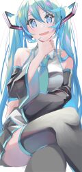 Rule 34 | aira (exp), aqua hair, aqua necktie, black skirt, blue eyes, blue hair, crossed legs, crypton future media, detached sleeves, feet out of frame, from below, grey shirt, hair ornament, hand on own chin, hatsune miku, highres, iridescent, long hair, looking at viewer, necktie, piapro, pleated skirt, shirt, sitting, skirt, sleeveless, sleeveless shirt, stroking own chin, thighhighs, twintails, vocaloid, white background