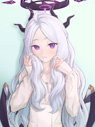 Rule 34 | 1girl, absurdres, adjusting hair, ahoge, alternate costume, artworks/98426527, blouse, blue archive, casual, commentary request, demon girl, demon horns, demon wings, forehead, halo, highres, hina (blue archive), horns, jewelry, long hair, long sleeves, looking at viewer, necklace, parted bangs, purple eyes, shirt, sidelocks, simple background, sjuno, solo, white hair, white shirt, wings