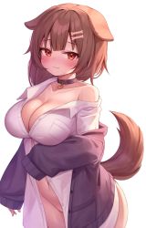 Rule 34 | 1girl, absurdres, animal ears, black choker, blush, bone hair ornament, breasts, brown eyes, cartoon bone, choker, cleavage, collarbone, commentary request, cosplay, deaver, dog ears, dog girl, dog tail, hair ornament, highres, hololive, inugami korone, large breasts, looking at viewer, navel, nekomata okayu, nekomata okayu (oversized shirt), nekomata okayu (cosplay), shirt, simple background, solo, tail, virtual youtuber, white background, white shirt