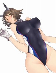 Rule 34 | 10s, 1girl, alternate costume, bare legs, bare shoulders, blush, breasts, brown hair, collar, commentary request, competition swimsuit, covered erect nipples, eyebrows, ginga ryuusei, gingami (giluziru), gloves, green eyes, headgear, impossible clothes, impossible swimsuit, kantai collection, large breasts, looking at viewer, lying, mutsu (kancolle), navel, on back, one-piece swimsuit, shiny clothes, shiny skin, short hair, simple background, smile, solo, swimsuit, thighs, white background, white gloves