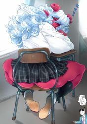 Rule 34 | 1boy, 1girl, ass, business suit, classroom, colored skin, commentary request, curled horns, curly hair, curtains, desk, closed eyes, fingernails, food, formal, fruit, headband, horns, long fingernails, long hair, oni, original, peach, pointy ears, red skin, school desk, shoes, skj, sleeping, socks, suit, thick thighs, thighs, topknot, white hair, window, zzz, | |