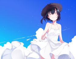 Rule 34 | 1girl, ^ ^, black hair, blue hair, breasts, cleavage, cloud, cowboy shot, day, dress, closed eyes, facing viewer, hat, highres, original, short hair, skirt, skirt hold, sky, sleeveless, sleeveless dress, small breasts, smile, solo, straw hat, sun hat, sundress, umiko (munemiu), white dress