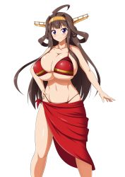Rule 34 | 10s, 1girl, absurdres, bikini, blush, breasts, brown hair, cleavage, curvy, highres, huge breasts, kantai collection, kongou (kancolle), long hair, looking at viewer, mgear, moralgear, navel, purple eyes, simple background, smile, solo, standing, swimsuit, wide hips