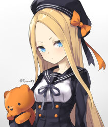 Rule 34 | 1girl, abigail williams (fate), beret, black bow, black dress, black hat, blonde hair, blue eyes, blush, bow, breasts, buttons, dress, fate/grand order, fate (series), forehead, hair bow, hat, long hair, long sleeves, looking at viewer, multiple bows, orange bow, parted bangs, sailor collar, sidelocks, small breasts, stuffed animal, stuffed toy, teddy bear, tyone, underbust