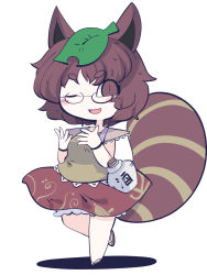 Rule 34 | 1girl, animal ears, blush stickers, brown eyes, brown hair, brown shirt, brown skirt, chahan (fried rice0614), full body, futatsuiwa mamizou, highres, leaf, leaf on head, one-hour drawing challenge, one eye closed, open mouth, raccoon ears, raccoon tail, shirt, short hair, simple background, skirt, smile, solo, standing, standing on one leg, tail, touhou, white background