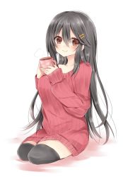 Rule 34 | 10s, 1girl, bad id, bad twitter id, black hair, brown eyes, casual, cup, dress, hair ornament, hairclip, haruna (kancolle), highres, kantai collection, long hair, mug, ribbed sweater, smile, solo, souhi, sweater, sweater dress, thighhighs