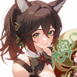Rule 34 | 1girl, animal ear fluff, animal ears, brown hair, collarbone, commentary, fox ears, from above, green eyes, hair between eyes, hair ornament, hand fan, high ponytail, holding, holding fan, honkai: star rail, honkai (series), long hair, looking at viewer, looking up, lyra-kotto, simple background, smile, solo, tingyun (honkai: star rail), white background