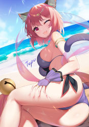 Rule 34 | 1girl, ;d, absurdres, animal ear fluff, animal ears, armlet, ass, bare shoulders, beach, bell, bikini, breasts, cat ears, cat girl, cat tail, day, dutch angle, fang, front-tie bikini top, front-tie top, hand on own thigh, highres, jingle bell, large breasts, looking at viewer, lying, ocean, on side, one eye closed, open mouth, outdoors, pink eyes, pink hair, princess connect!, purple bikini, reclining, shawl, short hair, side-tie bikini bottom, sky, smile, solo, sunlight, swimsuit, tail, tamaki (princess connect!), tamaki (summer) (princess connect!), thighs, topu, water