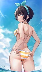 Rule 34 | 1girl, absurdres, aqua eyes, ass, back, bare shoulders, bikini, bird, black hair, blue sky, blush, bow, breasts, butt crack, cloud, day, from behind, hairband, highres, hololive, large breasts, looking at viewer, looking back, oozora subaru, oozora subaru (hololive summer 2019), outdoors, parted lips, polka dot, polka dot bow, short hair, sky, solo, striped bikini, striped clothes, swimsuit, virtual youtuber, wading, water, wszkii, yellow bikini