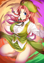 Rule 34 | &gt;:), 1boy, 1girl, abe ranzu, aura, beret, black bow, black ribbon, blue eyes, blush, bow, braid, breasts, chinese clothes, closed mouth, clothes lift, collared shirt, cowboy shot, fighting stance, from side, green skirt, green vest, hair bow, hair intakes, hands up, hat, highres, hong meiling, large breasts, leg up, long hair, long sleeves, looking at viewer, looking to the side, neck ribbon, purple hair, rainbow order, red hair, ribbon, shirt, side slit, skirt, skirt lift, skirt set, solo, sparkle, star (symbol), tangzhuang, taut clothes, taut shirt, thighs, touhou, twin braids, untucked shirt, v-shaped eyebrows, vest
