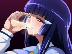 Rule 34 | 10s, 1girl, aoki reika, artist request, beaker, blue eyes, blue hair, blunt bangs, blush, cum, cum in container, cum in cup, cumdrip, cup, drinking, female focus, gokkun, gradient background, hair ornament, hairclip, highres, holding, holding cup, looking at viewer, matching hair/eyes, naughty face, necktie, precure, smile, smile precure!, solo, steam
