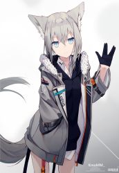 Rule 34 | 1girl, animal ear fluff, animal ears, black gloves, black hoodie, blue eyes, closed mouth, collared shirt, commentary request, cowboy shot, dress shirt, gloves, gradient background, grey background, grey hair, grey jacket, hair between eyes, half gloves, hand up, highres, hood, hood down, hoodie, jacket, leaning forward, long shirt, looking at viewer, nagishiro mito, open clothes, open jacket, original, romaji text, salute, shirt, solo, standing, tail, translation request, vulcan salute, white background, white shirt, wolf ears, wolf girl, wolf tail
