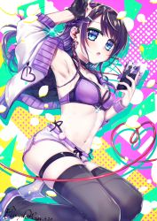 Rule 34 | 1girl, armpits, arms up, black choker, black gloves, black panties, black string, black thighhighs, blue eyes, blush, bra, braid, breasts, choker, commentary request, cropped jacket, earrings, fingerless gloves, gloves, hand on own head, headphones, heart, heart print, highres, holding, holding phone, jacket, jewelry, kitasaya ai, long hair, looking at viewer, medium breasts, nail polish, navel, necklace, open clothes, open jacket, original, panties, panties under shorts, phone, pink nails, purple bra, purple footwear, purple hair, shoes, short shorts, shorts, shorts string, side-tie panties, single fingerless glove, skindentation, solo, sparkle, stomach, swimsuit, thigh strap, thighhighs, underwear, virtual youtuber, white jacket, white shorts
