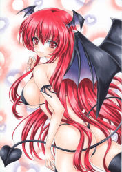 Rule 34 | 1girl, alternate costume, armband, ass, bat wings, bikini, black armband, black bikini, black thighhighs, black wings, blush, breasts, circle, covered erect nipples, cowboy shot, demon tail, hair between eyes, head wings, heart, koakuma, large breasts, leaning forward, long hair, looking at viewer, looking back, red eyes, red hair, ren (endscape20), sidelocks, simple background, smile, solo, swimsuit, tail, thighhighs, touhou, traditional media, very long hair, wings