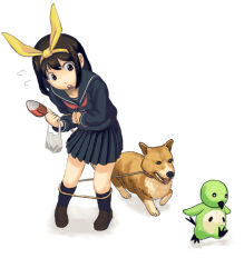 Rule 34 | 1girl, ankle socks, bad tag, bag, bird, black serafuku, black skirt, brown footwear, character request, cinnamon (hatena), copyright request, dog, hair between eyes, highres, holding, holding bag, holding leash, holding shovel, imizu futoshi, leash, looking at another, open mouth, pleated skirt, ribbon, school uniform, serafuku, shadow, short hair, shovel, simple background, skirt, socks, sweatdrop, tongue, tongue out, white background, yellow ribbon