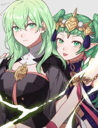Rule 34 | 2girls, :p, bare arms, bare shoulders, black shirt, breasts, byleth (female) (fire emblem), byleth (fire emblem), commentary, fire emblem, fire emblem: three houses, green eyes, green hair, grey background, hair between eyes, highres, large breasts, long hair, looking at viewer, multiple girls, navel, nintendo, peach11 01, pointy ears, shirt, simple background, sothis (fire emblem), tongue, tongue out, upper body