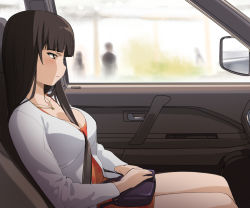 Rule 34 | 10s, 1girl, a1 (initial-g), bag, between breasts, blouse, blunt bangs, blush, breasts, brown eyes, brown hair, car interior, cleavage, closed mouth, collarbone, dress, from side, frown, girls und panzer, handbag, jewelry, large breasts, long hair, mature female, necklace, nishizumi shiho, orange dress, own hands together, profile, seatbelt, shirt, side-view mirror, sideways mouth, sitting, sketch, solo, strap between breasts
