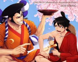 Rule 34 | 2020, 2boys, artist name, black hair, crossed legs, facial hair, facial scar, food, goatee, grin, hat, unworn hat, unworn headwear, holding, holding food, japanese clothes, jonau, kouzuki oden, long hair, looking at another, male focus, monkey d. luffy, multiple boys, one piece, open mouth, outdoors, scar, scar on cheek, scar on face, short hair, sideburns, sitting, smile, straw hat, teeth, topknot, traditional clothes
