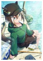 Rule 34 | 1girl, absurdres, animal ears, black shorts, blue eyes, brown hair, cheval grand (umamusume), ear covers, ears through headwear, fishing rod, food, food in mouth, from above, green sweater, hair between eyes, highres, horse ears, horse girl, multicolored hair, partially submerged, popsicle, popsicle in mouth, sarasuty, shorts, solo, streaked hair, sweater, umamusume, white hair