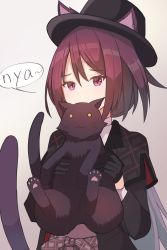 Rule 34 | 1girl, :3, animal, animal ears, arknights, belt, black cat, black gloves, black hat, black jacket, breasts, cat, cat ears, cat girl, cat tail, commentary request, ears through headwear, gloves, hair between eyes, half gloves, hat, highres, holding, holding animal, holding cat, jacket, long hair, long sleeves, looking at viewer, medium breasts, melantha (arknights), melantha (letters from wessex) (arknights), nyan, official alternate costume, open clothes, open jacket, plaid, purple eyes, purple hair, sanukiske, shirt, solo, speech bubble, tail, top hat, undershirt, upper body, white shirt