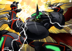 Rule 34 | absurdres, black shin getter, electricity, energy, energy ball, getter robo, getter robo arc, glowing, highres, horns, huge filesize, kemuribata, mask, mecha, no humans, robot, signature, solo, speed lines, spikes, stoner sunshine, super robot, wings, yellow eyes