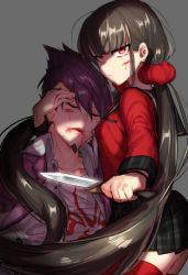 Rule 34 | 10s, 1boy, 1girl, black hair, blood, blood on face, closed eyes, danganronpa (series), danganronpa v3: killing harmony, earrings, facial hair, frown, goatee, harukawa maki, holding, holding weapon, injury, jewelry, knife, long hair, long sleeves, looking at viewer, mole, mole under eye, momota kaito, open clothes, open mouth, pleated skirt, protecting, purple hair, red eyes, red shirt, red thighhighs, school uniform, serious, shirt, short hair, skirt, staring, suurin (ksyaro), thighhighs, unconscious, very long hair, weapon, white shirt, zettai ryouiki