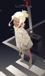 Rule 34 | 1girl, bare legs, blonde hair, boots, buttons, character name, chinese commentary, closed mouth, coat, collared coat, commentary request, crosswalk, dark-skinned female, dark skin, dated, double-breasted, full body, hand in pocket, high collar, high heel boots, high heels, highres, light smile, long sleeves, looking at viewer, night, original, outdoors, oversized clothes, pocket, road sign, short hair, short ponytail, sign, solo, standing, tuzaixia, white coat, white footwear, white sleeves, yellow eyes, zipper, zipper pull tab