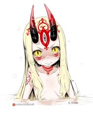 Rule 34 | 1girl, bathing, blonde hair, blush, closed mouth, collarbone, facial mark, fate/grand order, fate (series), flat chest, hair censor, horns, ibaraki douji (fate), long hair, looking at viewer, mizusaki (tengoku), nude, oni horns, patreon username, slit pupils, solo, tattoo, upper body, wavy mouth, yellow eyes