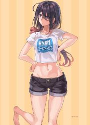 Rule 34 | 1girl, alternate costume, ariake (kancolle), barefoot, black shorts, breasts, closed mouth, clothes writing, crop top, gradient hair, hair between eyes, hair ribbon, highres, kantai collection, leg up, long hair, low-tied long hair, medium breasts, midriff, multicolored hair, navel, pink hair, ponytail, purple eyes, purple hair, ribbon, shirt, short shorts, short sleeves, shorts, simple background, solo, striped, striped background, sugue tettou, thighs, twitter username, yellow background
