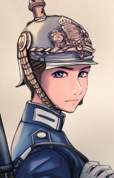 Rule 34 | blue eyes, blue jacket, brown hair, coat of arms, collar, collared jacket, commentary, custodian helmet, fuura, gloves, guard, hair up, helmet, highres, jacket, lion, looking at viewer, looking to the side, original, shoulder strap, simple background, soldier, solo, strap, swedish uniform, tre kronor, weapon, weapon on back, white gloves
