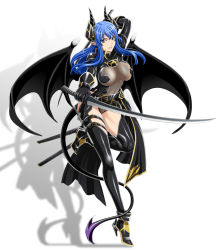 Rule 34 | 1girl, ankle boots, arm strap, arm up, armor, bat wings, belt, belt skirt, black thighhighs, blue eyes, blue hair, boots, breasts, breasts apart, buckle, collar, covered erect nipples, demon girl, demon tail, dual wielding, fantasy, full body, garter straps, gloves, groin, hair ornament, high heels, highleg, highleg leotard, highres, holding, holding weapon, horns, impossible clothes, isse, large breasts, leg lift, leg up, leotard, long hair, looking at viewer, matching hair/eyes, multiple belts, multiple swords, original, outstretched arm, over shoulder, parted lips, pointy ears, scabbard, shadow, sheath, short sword, showgirl skirt, sidelocks, simple background, skin tight, skirt, smile, solo, sword, tail, thigh strap, thighhighs, turtleneck, warrior, weapon, weapon over shoulder, white background, wings