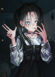 Rule 34 | 1girl, absurdres, black choker, black hair, black nails, blue eyes, cellphone, child, choker, cross, dress, earrings, facial tattoo, gishiki (gshk), goth fashion, hair between eyes, hands up, highres, holding, holding phone, indoors, iphone, iphone 11 pro, jewelry, long hair, long sleeves, looking at phone, nail polish, original, parted lips, phone, selfie, smartphone, solo, tattoo, twintails, upper body, w, zipper