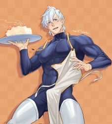Rule 34 | 1boy, apron, bara, black bodysuit, blue eyes, blush, bodysuit, cake, candle, checkered background, collarbone, covered abs, fate/grand order, fate (series), food, hair between eyes, highres, holding, holding cake, holding food, large pectorals, looking at viewer, male focus, muscular, muscular male, open mouth, orange background, pectorals, percival (fate), short hair, smile, solo, thighhighs, twitter username, white apron, white hair, white thighhighs, yaekaidou