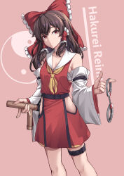 Rule 34 | 1girl, absurdres, adapted costume, bow, brown hair, cuffs, detached sleeves, english text, expressionless, hair bow, hair ornament, hakurei reimu, handcuffs, highres, holding, holding handcuffs, holding weapon, orb, red eyes, red shirt, red skirt, shirt, skirt, solo, touhou, weapon, yin yang, yin yang orb, zggj2788