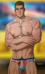 Rule 34 | 1boy, artist name, bara, biceps, blue eyes, blurry, blurry background, briefs, brown hair, bulge, chest hair, crossed arms, facial hair, hairy, highres, hydaria, large pectorals, looking to the side, male focus, male pubic hair, male underwear, manly, mature male, multicolored briefs, multicolored male underwear, muscular, muscular male, navel, navel hair, nipples, original, pectorals, pubic hair, smirk, solo, stubble, teeth, thick arms, thick eyebrows, thick thighs, thighs, underwear