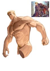 1boy abs bara blonde_hair closed_mouth completely_nude cropped_legs fire_emblem fire_emblem:_the_binding_blade fire_emblem_heroes flaccid foreskin foreskin_pull highres huge_pectorals large_pectorals male_focus mature_male murdock_(fire_emblem) muscular muscular_male my_eight navel navel_hair nintendo nipples nude pectorals penis pubic_hair reference_inset solo strongman_waist thick_eyebrows thighs topless_male uncensored white_background