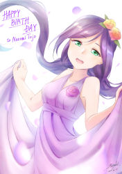 Rule 34 | 1girl, artist name, artist request, blush, dress, female focus, flower, green eyes, hair flower, hair ornament, highres, holding, holding clothes, holding dress, holding skirt, long hair, looking at viewer, love live!, love live! school idol festival, love live! school idol project, petals, purple dress, purple flower, purple hair, skirt, smile, solo, tojo nozomi, white background