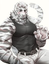 Rule 34 | 1boy, animal ears, arknights, artist request, bara, black tank top, blush, covered abs, facial hair, feet out of frame, flustered, furry, furry male, goatee, hand up, highres, large hands, large pectorals, looking at viewer, male focus, mountain (arknights), muscular, muscular male, nipples, paw pose, pectorals, scar, scar across eye, scar on arm, short hair, solo, tank top, thick eyebrows, tiger boy, tiger ears, trembling, white hair