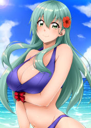 Rule 34 | 1girl, bikini, blue sky, breasts, cleavage, cloud, commentary request, cowboy shot, day, flower, green eyes, green hair, hair flower, hair ornament, horizon, kantai collection, large breasts, long hair, looking at viewer, mikagami sou, ocean, outdoors, purple bikini, scrunchie, sky, smile, solo, suzuya (kancolle), swimsuit