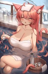 Rule 34 | 1girl, ahoge, anal tail, animal ears, blush, breasts, butt plug, cat ears, cat girl, cat tail, closed eyes, collarbone, commentary, crossed legs, curvy, fake tail, highres, huge breasts, in water, kaptivate, long hair, milk, nekomia (kaptivate), onsen, orange hair, original, parted lips, plump, sitting, solo, tail, thighs, towel, water