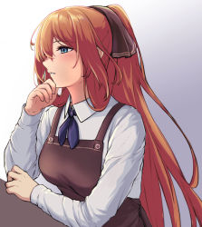 Rule 34 | 1girl, 3 small spiders, apron, blue eyes, blush, brown apron, brown ribbon, from side, girls&#039; frontline, hair ribbon, hand on own face, hand on table, highres, long hair, looking away, neckerchief, open mouth, orange hair, ponytail, purple neckerchief, ribbon, shirt, sidelocks, simple background, solo, springfield (girls&#039; frontline), table, upper body, white shirt