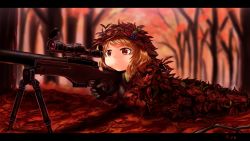 Rule 34 | 1girl, aki minoriko, artist name, autumn, autumn leaves, blonde hair, camouflage, fatigues, food, fruit, gloves, grapes, gun, hat, hat ornament, highres, kys (k-k2), letterboxed, lying, nature, on stomach, red eyes, rifle, scope, serious, short hair, sniper rifle, solo, stick, touhou, tree, weapon