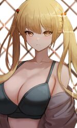 Rule 34 | 1girl, bare shoulders, black bra, blonde hair, bra, breasts, cleavage, closed mouth, glint, grey jacket, hair bobbles, hair ornament, jacket, large breasts, long hair, looking at viewer, moth1, off shoulder, open clothes, open jacket, original, solo, twintails, underwear, upper body, yellow eyes