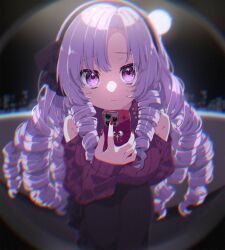Rule 34 | 1girl, bare shoulders, commentary request, drill hair, expressionless, fisheye, highres, holding, holding phone, hyakumantenbara salome, lens flare, long hair, looking at viewer, mamyouda, nijisanji, peephole, phone, pink hair, pov, purple eyes, red nails, red sweater, solo, sparkling eyes, sweater, very long hair, virtual youtuber