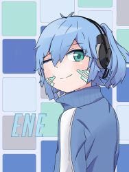 Rule 34 | 1girl, ;), antenna hair, blue hair, blue jacket, blush, chart, closed mouth, commentary request, ene (kagerou project), facial mark, from side, green eyes, hair between eyes, headphones, highres, jacket, kagerou project, looking at viewer, looking to the side, one eye closed, smile, solo, stratosphere (coom1017), two side up, upper body