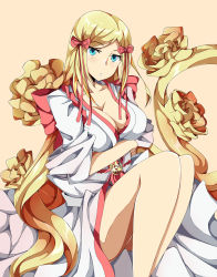 Rule 34 | 1girl, alternate hairstyle, bare legs, blonde hair, blue eyes, bow, breasts, chestnut mouth, cleavage, cosplay, flower, guilty gear, hair bow, hair flower, hair ornament, highres, japanese clothes, kimono, large breasts, legs together, long hair, millia rage, mishima kazumi (cosplay), mishima kazumi (tekken), no bra, olly (ollycrescent), parted bangs, prehensile hair, simple background, sitting, solo, tekken, tekken 7, very long hair, white kimono