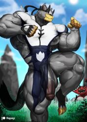 Rule 34 | 2boys, animal ears, bara, bear boy, bear ears, black fur, blue sky, brass knuckles, cat boy, cat ears, creatures (company), day, fighting stance, foot out of frame, furrification, furry, furry male, game freak, gen 7 pokemon, gen 8 pokemon, grey fur, half-erect, highres, incineroar, large pectorals, large penis, leg up, legendary pokemon, long eyebrows, looking at another, makidogang, male focus, multiple boys, muscular, muscular male, naked tabard, nintendo, nipples, outdoors, pectorals, pelvic curtain, penis, pokemon, red fur, see-through tabard, sidepec, sky, solo focus, sweat, tabard, testicles, thick thighs, thighs, tight clothes, urshifu, urshifu (single), veins, veiny arms, weapon