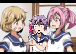 Rule 34 | 10s, 3girls, akebono (kancolle), bandaid, bandaid on face, bell, blonde hair, blurry, brown eyes, commentary request, depth of field, flower, hair bell, hair between eyes, hair bobbles, hair flower, hair ornament, hand up, jingle bell, kantai collection, letterboxed, light brown hair, multiple girls, o o, oboro (kancolle), open mouth, pink eyes, pink hair, purple hair, sazanami (kancolle), school uniform, serafuku, shino (ponjiyuusu), short hair, short sleeves, short twintails, side ponytail, sidelocks, smile, surprised, twintails, upper body, wide-eyed, window